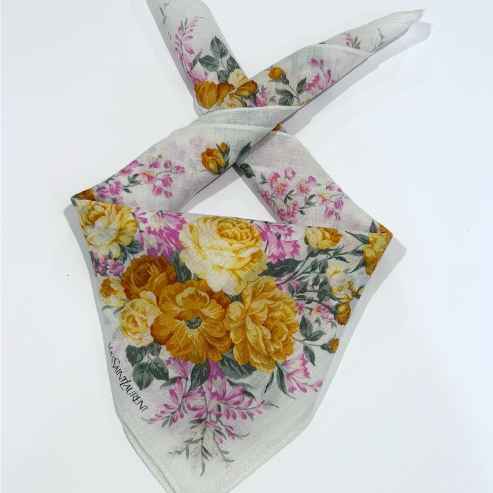 WOMEN HANDKERCHIEF YSL Floral Pink White Woven Fabric BANDANA COTTON POCKET 20”